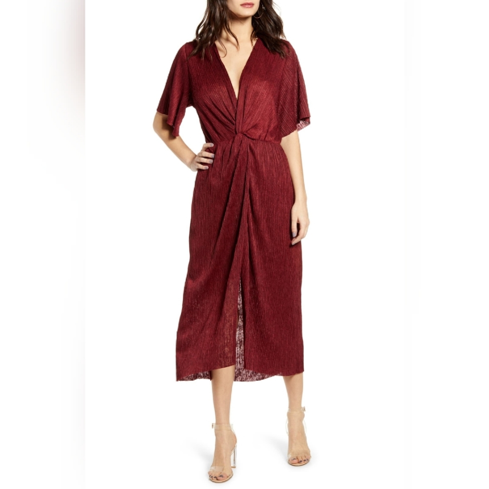 All In Favor dolman plissé crepe faux wrap dress
